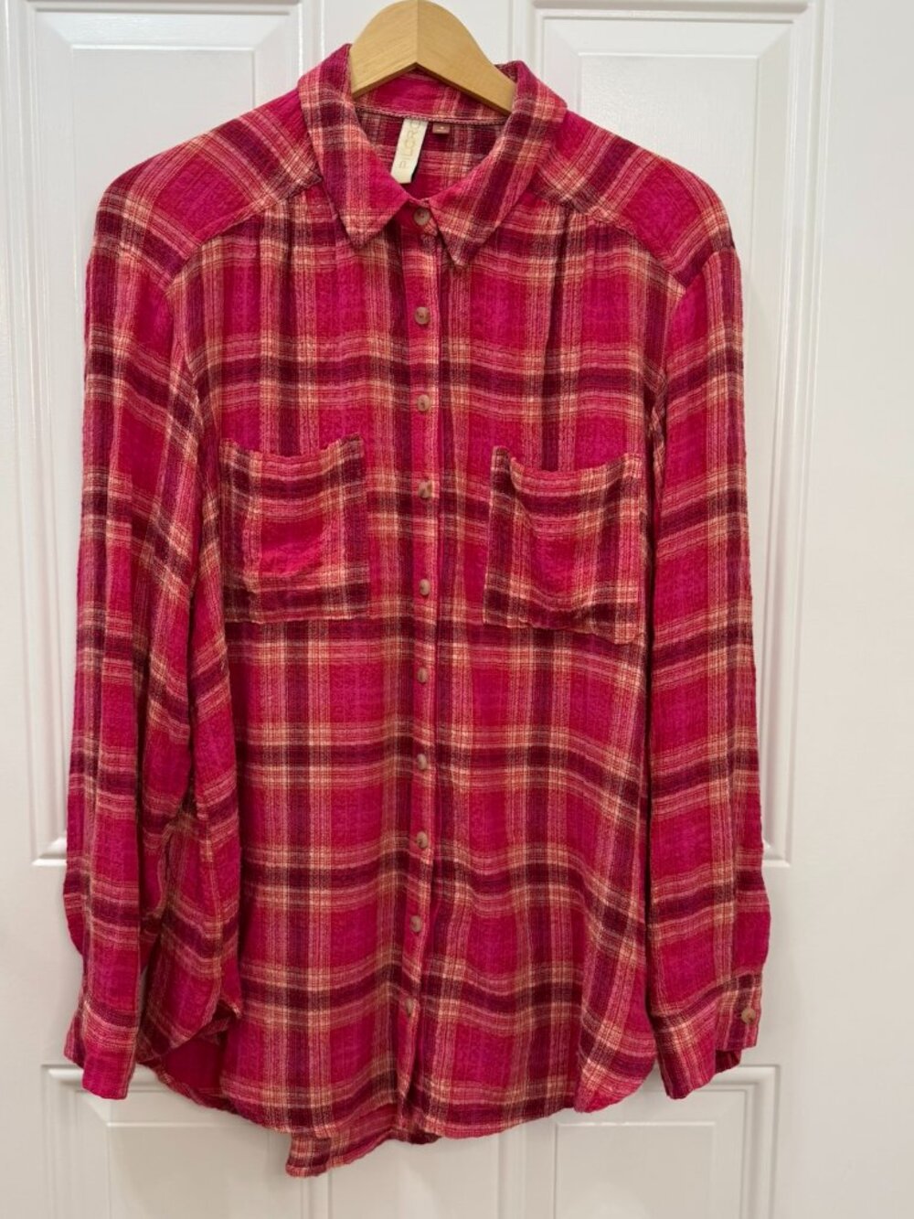 Anthropologie Pilcro Seamed Plaid Oversized Button Down Tunic Pink Size S - Picture 2 of 9
